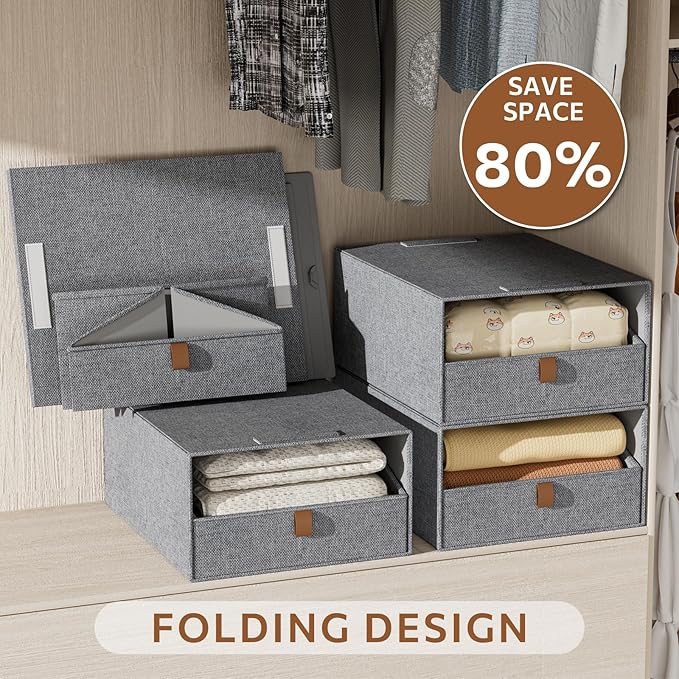4-Pack Storage Bins with Drawers Large Closet Organizers and Storage Stackable Fabric Clothes Storage Box Collapsible Closet Drawers Organizer for Bedroom Living Room Under Bed (Deep Grey, 21L*4)