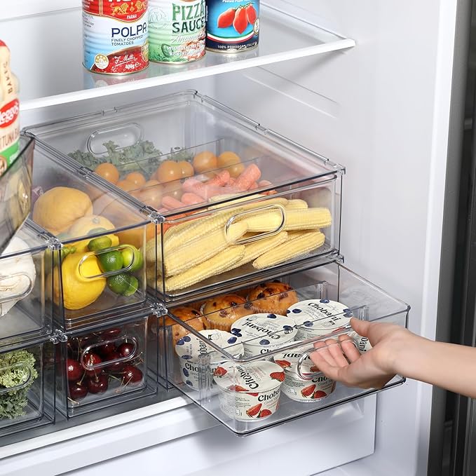 Bronkeeper Fridge Drawer Pull Out Stackable Bins, Clear Refrigerator Stackable Organizers, Fridge Organizer Storage for Kitchen, Pantry, Vegetables, Fruits (4 Small)