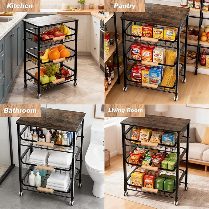 4-Tier Fruit Basket for Kitchen Counter Utility Organizer Carts on Wheels&Wood Top with Storage, Rolling Kitchen Cart for Pantry, Living Room (Black)