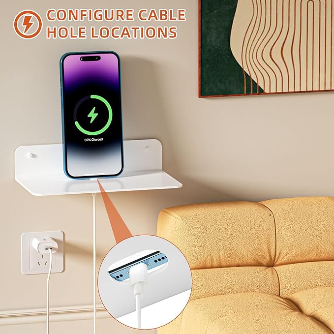 Small Floating Shelves, 9" Adhesive Wall Shelf with Cable Hole, No Drilling, Metal Display Ledges for Living Room, Bedroom, Bathroom (White, 2 Pack)