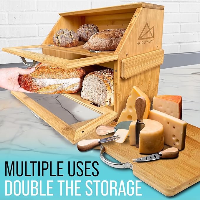 Extra Large Bread Box with Cutting Board & Knife Set | 7 Piece Set | Bamboo Breadbox | Bread Boxes for Kitchen Countertop | Bread Storage Container| Assembly Required