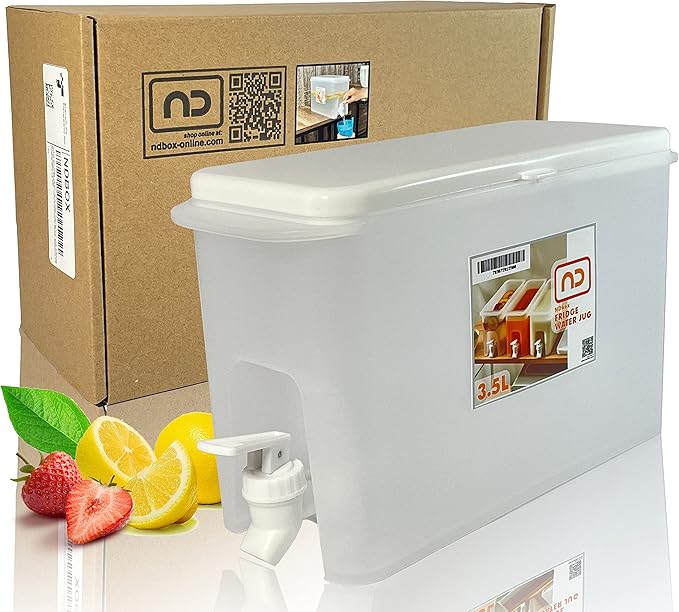 NDBOX Slim Fridge Jug with Faucet for Water, Iced Tea, Fruit Juice, Softdrinks, Milk, Beverages Dispenser - Hot or Cold Drinks for Parties - Spacesaver 3.5L or 0.92Gal Container (White Jug 1pc)