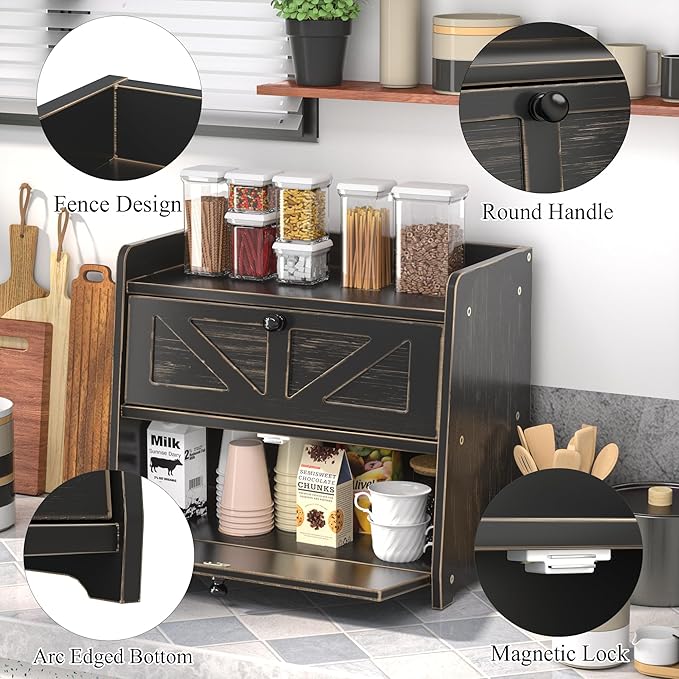 Corner Bread Box for Kitchen Countertop, Vintage Wooden Counter Organizer, Bamboo Bread Storage Bin for Homemade Bread, Small Farmhouse Corner Breadbox Container with Acrylic Window, Vintage Black