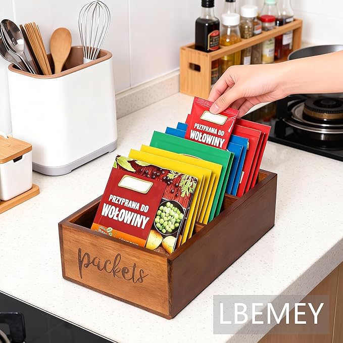 Packet Organizer, Acacia Wood Packet Storage Organizer with 3 Compartments,Farmhouse Kitchen Organization for Spice, Gravy, Taco, and Dressings Packets for Kitchen, Brown Labeled Packets