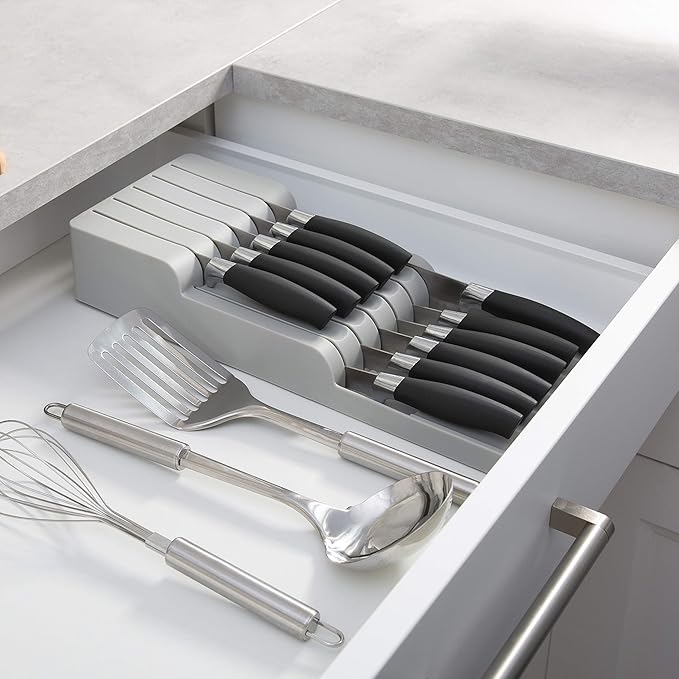 Kitchen Details 2 Tier Knife Drawer Organizer | Holds 11 Knives | Utensil Holder | Knife Block | Storage & Organization | Space Saver | Grey