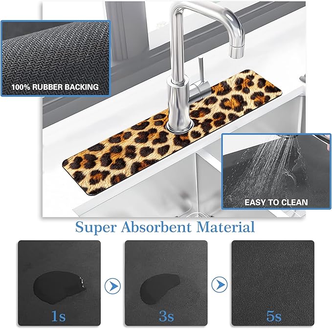 Faucet Mat Splash Guard Leopard Fur Animal Texture, Soft Diatom Mud Material, Strong Water Absorption, Non-slip,Easy to Clean for Bathroom, Kitchen 23.5"X5.5"