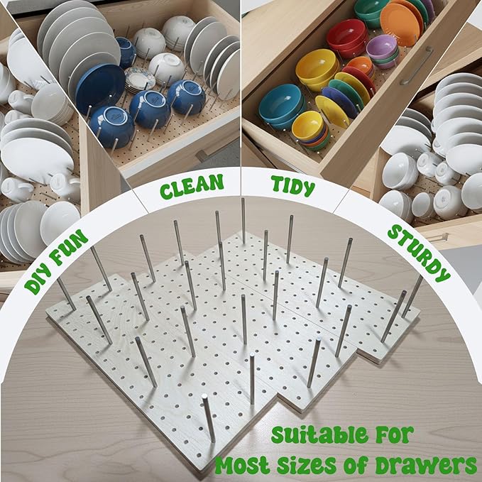 6-Pack Wood Pegboard Drawer Organizer-Unbroken Legs, with 48 Stainless Steel Pegs&Hand Saw, Adjustable Peg System for Plates, Bowls, Dishes, Utensils (35.4"x17")