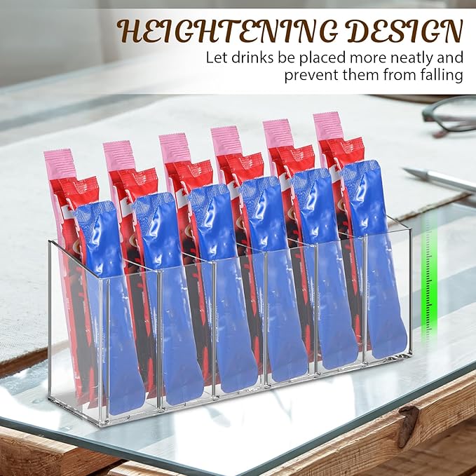 2 Pcs Drink Packet Organizer, Water Flavor Packet Organizer with Removable Dividers, 6-Compartment Clear PET Storage Box for Pantry, Kitchen, Office - 10.28 x 2.52 x 4.37 Inches