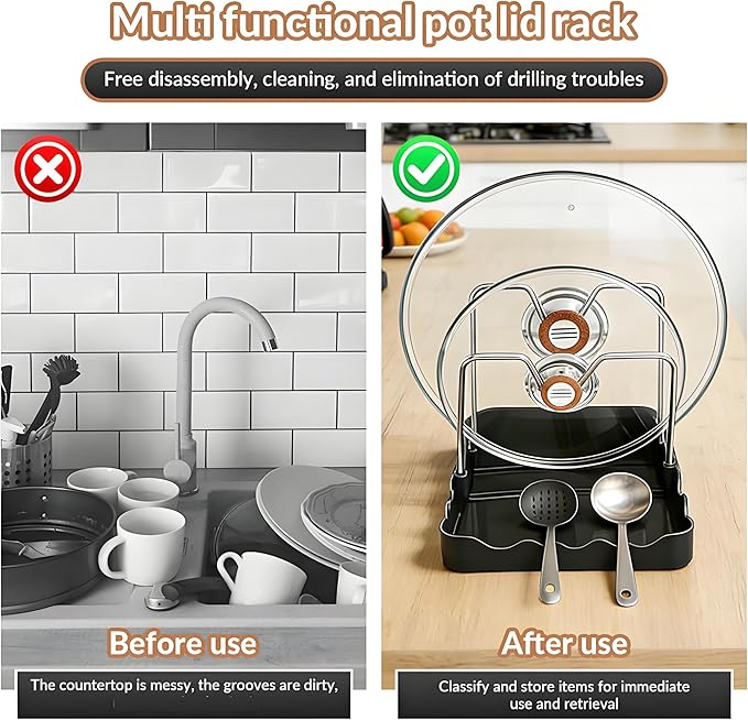 Kitchen Pot Lid Storage Rack, Pot Lid Holder With Tray, Lid Holder While Cooking, Lid And Spoon Rest, Multifunctional Kitchen Organizer Stand for Stove Top