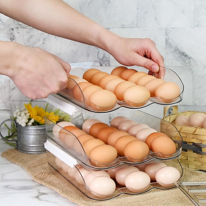 Creekview Home Emporium Egg Container for Refrigerator - Clear Stackable 3 Tier Plastic Egg Holder Drawer - 4 Dozen Capacity Farm Eggs Organization Storage Trays for Fridge or Kitchen Counter