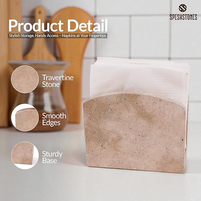 Marble Napkin Holder for Table 6.5 Inch Handmade Travertine Decorative Cocktail Napkins & Tissue Paper Holders for Modern Farmhouse Decor, Bathroom Accessories, Home, Kitchen and Dining