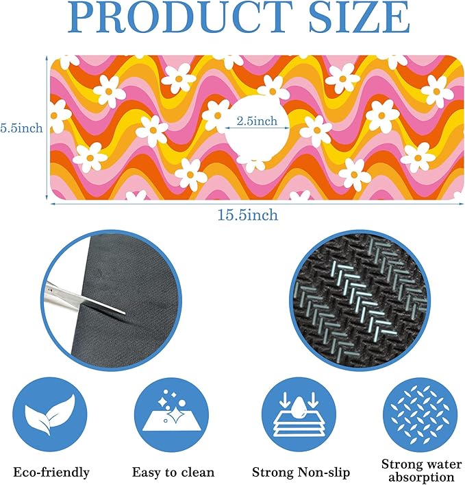 Faucet Mat Splash Guard Retro Floral Daisy, Soft Diatom Mud Material, Strong Water Absorption, Non-slip,Easy to Clean for Bathroom, Kitchen 15"X5.5"