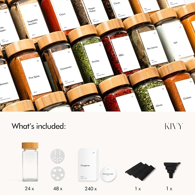 KIVY Drawer Spice Organizer + 24 Jars & 240 Labels - Seasoning Rack for Organization - Kitchen Drawer Insert for Spice Jars - Glass Seasoning Jars with Airtight Lids - Glass Spice Jars with Label