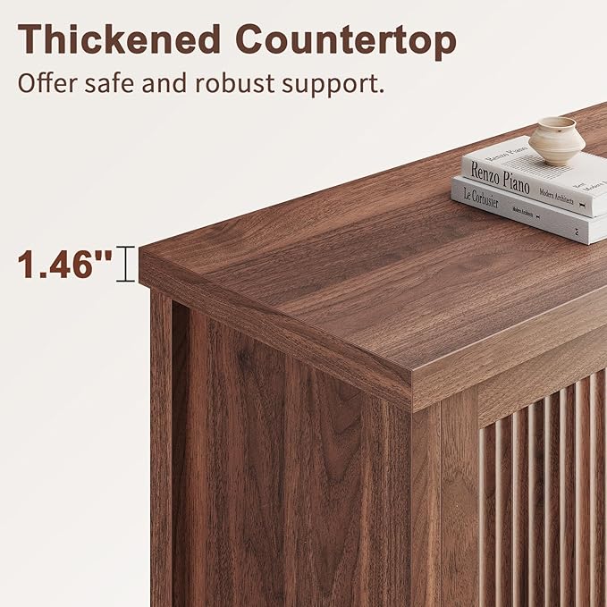 Fluted Buffet Cabinet with Storage Accent Sideboard,Modern Credenza with 4 Doors & Adjustable Shelves,Wood Coffee Bar Table Console for Dining Room Kitchen Living Room Entryway, Walnut