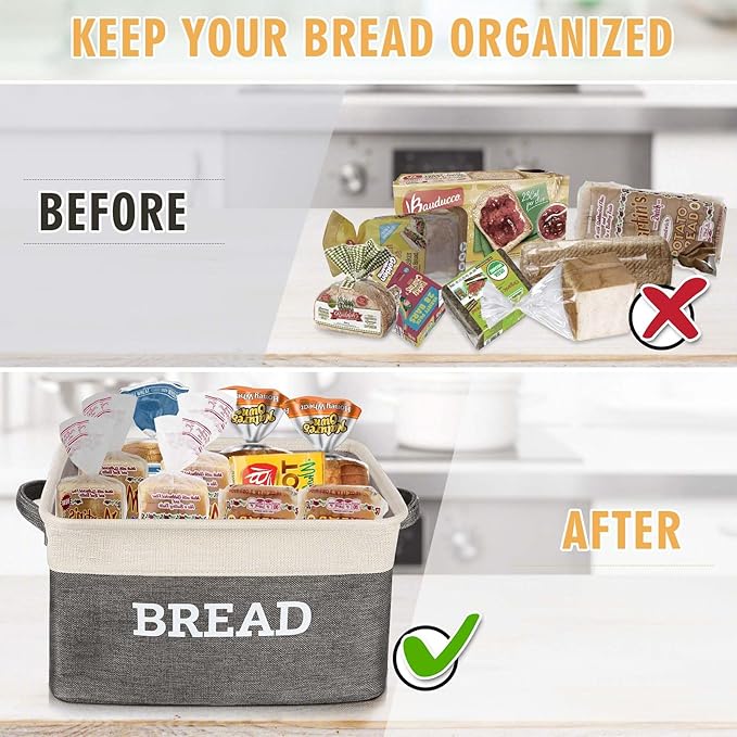 Lukeline Bread Storage Basket for Kitchen, Foldable Fabric Bread Keeper Bread Storage Container Bin with Handles, Bread Baskets for Kitchen Counter and Pantry (White & Grey)