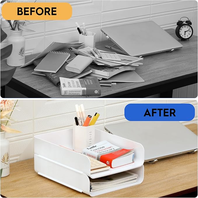 Desk Letter Tray Set of 2, Office Organization and Storage, PET Stackable Document Organizer for Notes, Pens, File Paper, White