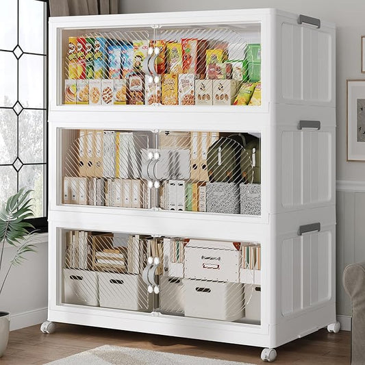 480QT Extra Large Stackable Storage Bins with Lid, 120Gal Plastic Closet Organizers and Storage Drawer, Collapsible Cabinet Box with Wheels Clear Doors for Home Kitchen Office, 3Pack White