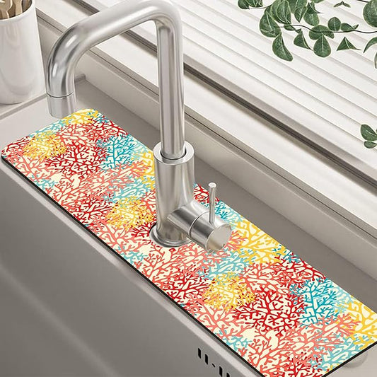 Colorful Sea Corals Dish Drying Mat for Kitchen Sink Splash Guard Behind Faucet Sink Mat Absorbent Fast Drying Faucet Draining Mat for Bathroom Kitchen 5.5"×24"