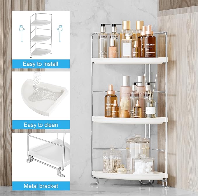 FSyueyun 3-Tier Bathroom Corner Shelf Organizer Countertop, Kitchen Spice Rack Vanity Tray Perfume Makeup Organizer Cosmetic Storage Tray Standing Shelf (Sliver)