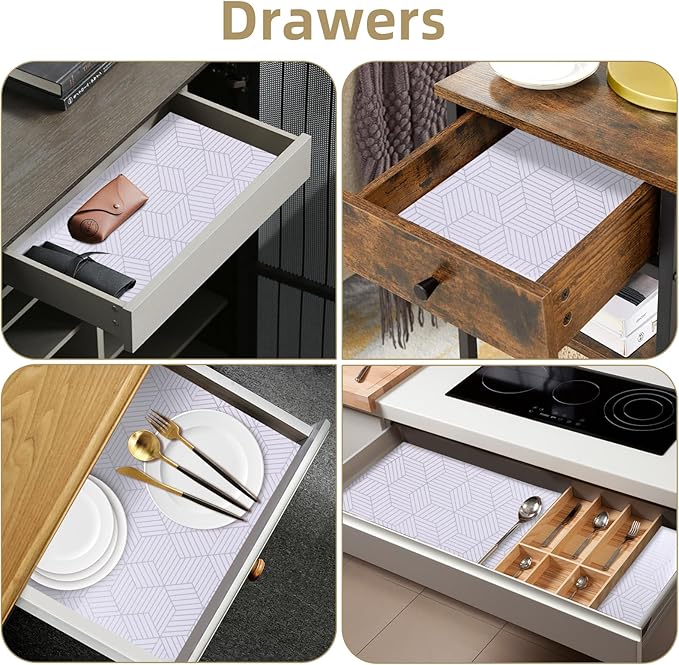 Shelf Liners for Kitchen Cabinets Non Adhesive Shelf Liner Paper Non-Slip Thickened Drawer Liner Easy to Clean for Tool Box Refrigerator with Knife and Tape Measure, Silver Geometric, 17.3 x 236.2 in