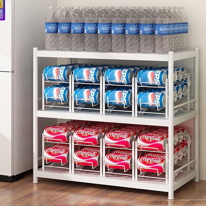 GILLAS 2 Pack Soda Can Organizer Rack for Pantry, Stackable Beverage Soda Can Storage Dispenser Holder for Refrigerator, Cabinet, White