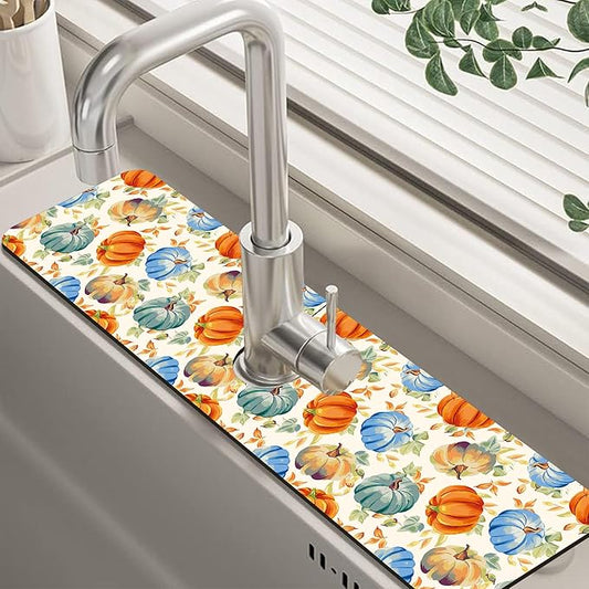 Thanksgiving Colorful Pumpkin Dish Drying Mat for Kitchen Sink Splash Guard Behind Faucet Sink Mat Absorbent Fast Drying Faucet Draining Mat for Bathroom Kitchen 5.5"×24"
