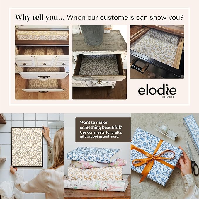 Elodie Essentials Scented Drawer Liner Sheets - 14" x 19.5" (Royal Damask) Pacific Sandalwood Non-Adhesive Paper Liners & Shelf Paper for Dressers, Cabinets & Bathroom Drawers, Birthday Present Idea