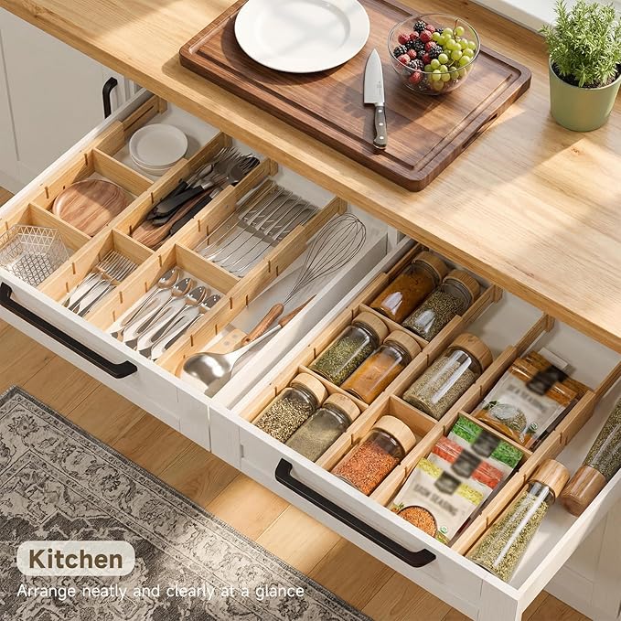 Kitchen Drawer Organizer, Expandable Bamboo Drawer Divider, Include 8 Dividers, 8 Small Inserts and 8 Medium Inserts for Home, Office, Dressers (Long-8 Dividers)