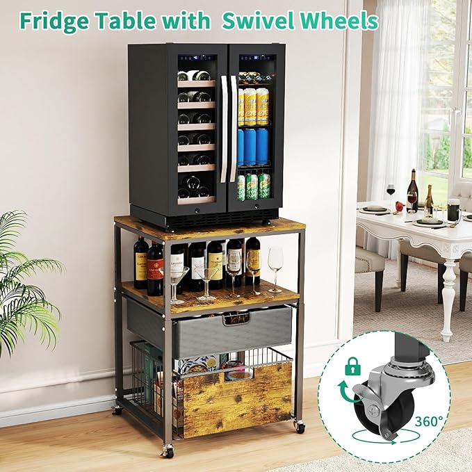 Hadulcet 4-Tier Fridge Stand with Storage Drawer - Rolling Fridge Cabinet with Wheels, Heavy Duty 21.6" L* 22.8" W Fridge Cart, Sturdy Metal Frame, for Home, Apartment, Office, Dorm, Rustic Brown