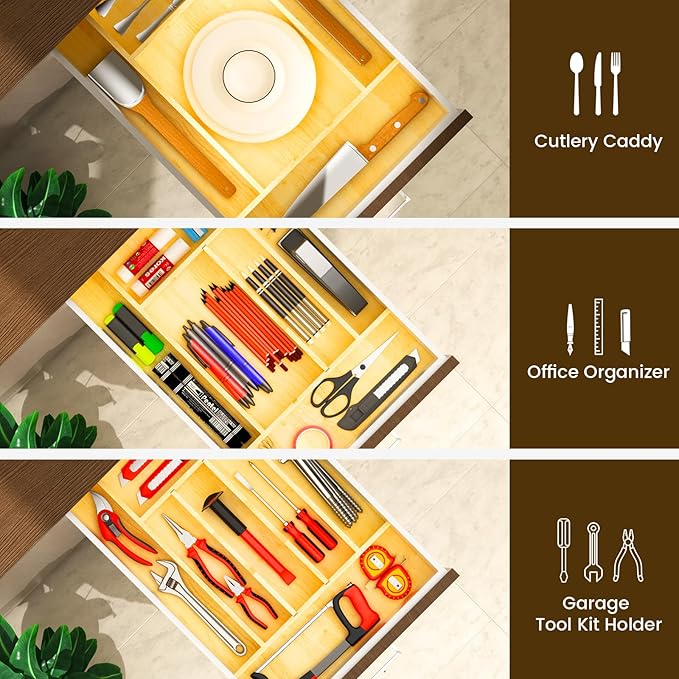 Silverware Drawer Organizer Wood with Adjustable Partition for Kitchen Utensil Cutlery Flatware Cabinet Storage Compartment Tray Insert with Dividers (13.2" W x 19.5" D x 2.5" H)