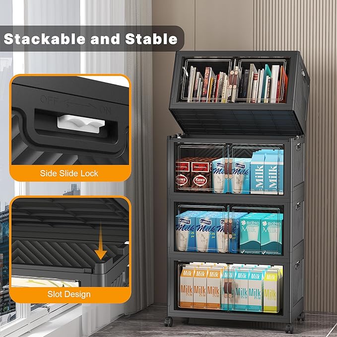 Stackable Storage Bins with Lids & Wheels & Door, Foldable Collapsible Closet Organizers, Extra Large Plastic Storage Drawers for Bedroom Dorm Office Garage (Dark-55qt, 4Pack with 1 top lid)