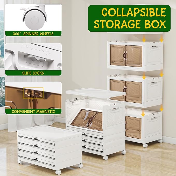 Storage Bins with Lids and Wheels, Collapsible Bathroom Storage Cabinet with Clear Doors, Plastic Stackable Closet Organizers and Containers White 628 QT