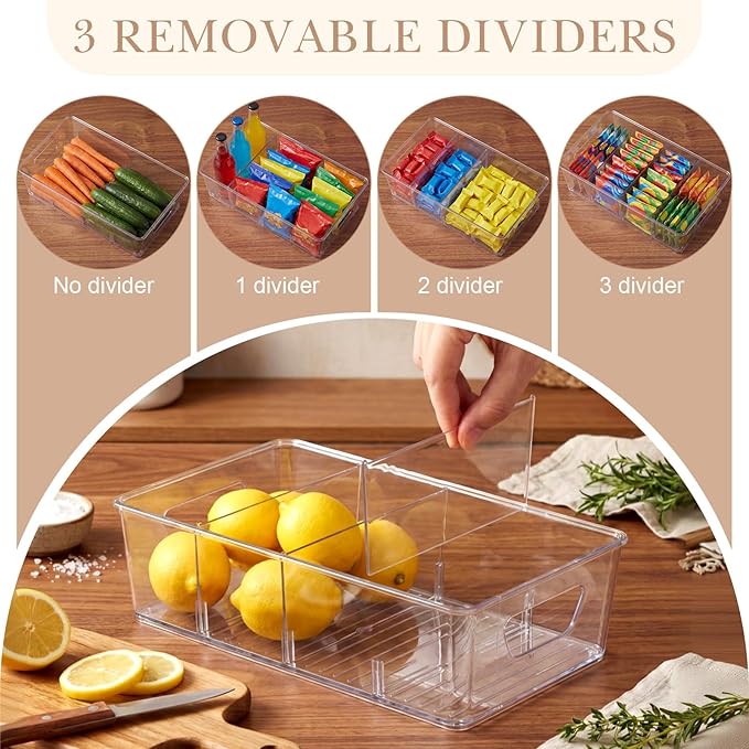 4 Pcs Pantry Organizers Bins, Clear Plastic Stackable Snack Storage Containers with 3 Dividers for Kitchen Cabinet Fridge Shelf Organization, 4 Compartment Holder
