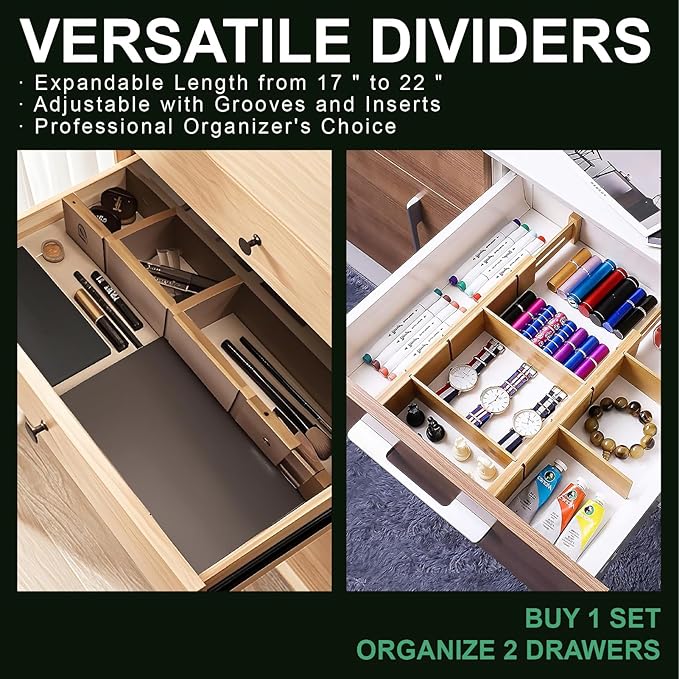 4 Pack Bamboo Drawer Dividers with Inserts and Labels – Adjustable Kitchen Drawer Organizers, Expandable Storage Solutions for Home, Office, Dressers (17-22 Inches)