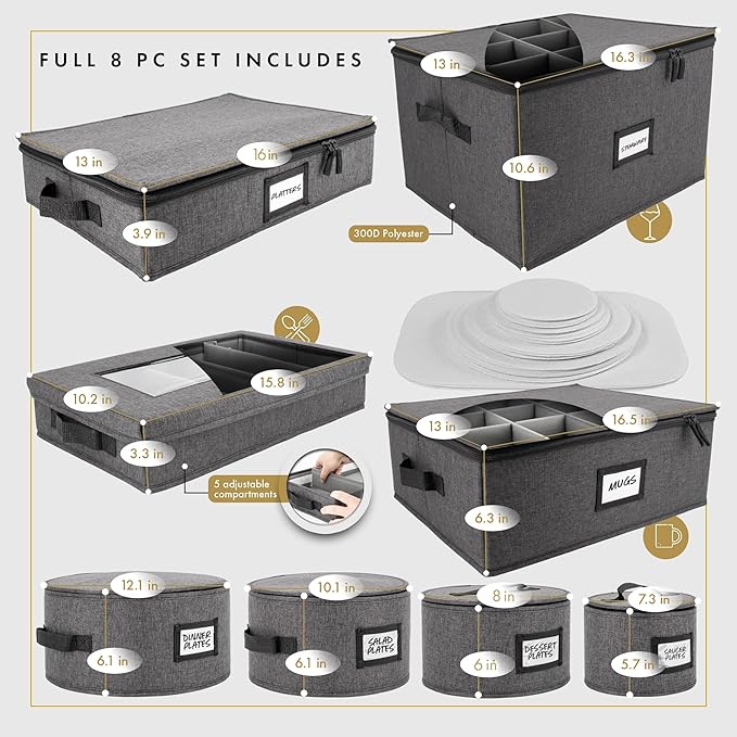 HOMELUX THEORY 8pcs Hard Shell China Storage Containers, Mug Storage, Wine Glass, Utensils, & Plate Storage Containers with Lid, Heavy Duty Dinnerware Storage for Packing Plates, Glassware & Cutlery