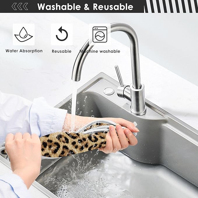 2 PCS Kitchen Sink Splash Guard 23.6 Inch Faucet Mat for Kitchen Sink Bathroom Sink Faucet Absorbing Drip Drain Mat Pad Microfiber Soft Washable Brown Leopard Print