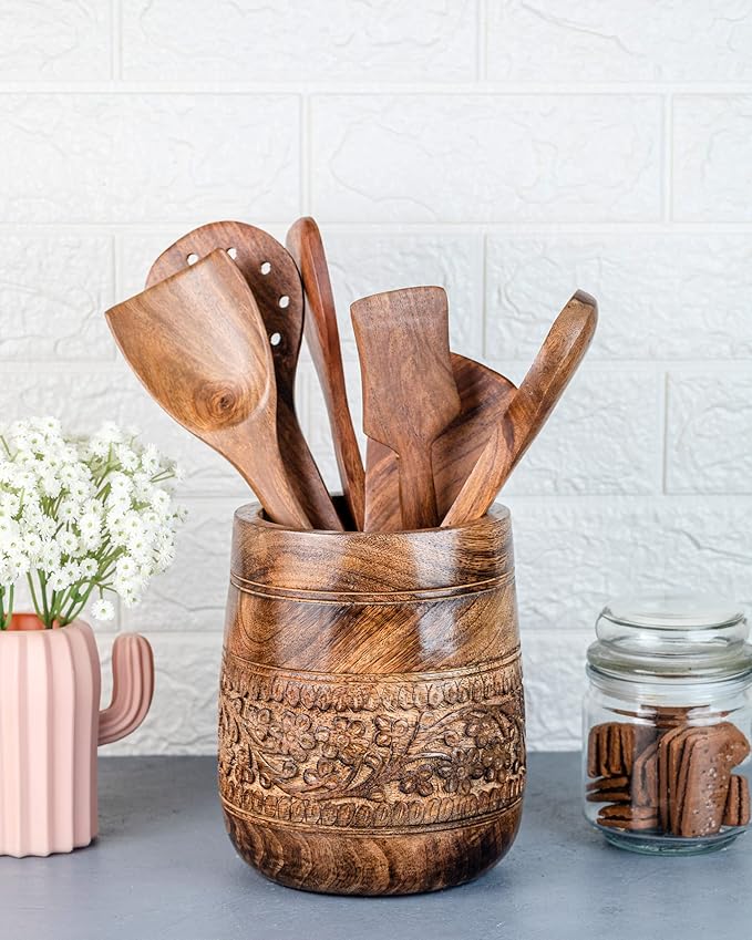 Mie Creations Rustic 7'' Large Utensil Crock Holder for Kitchen Countertop | Wooden Cooking Spatula Organizer for Party, Floral Hand carving Utensils Caddy, Vintage Kitchen Counter Decor- Dark Brown