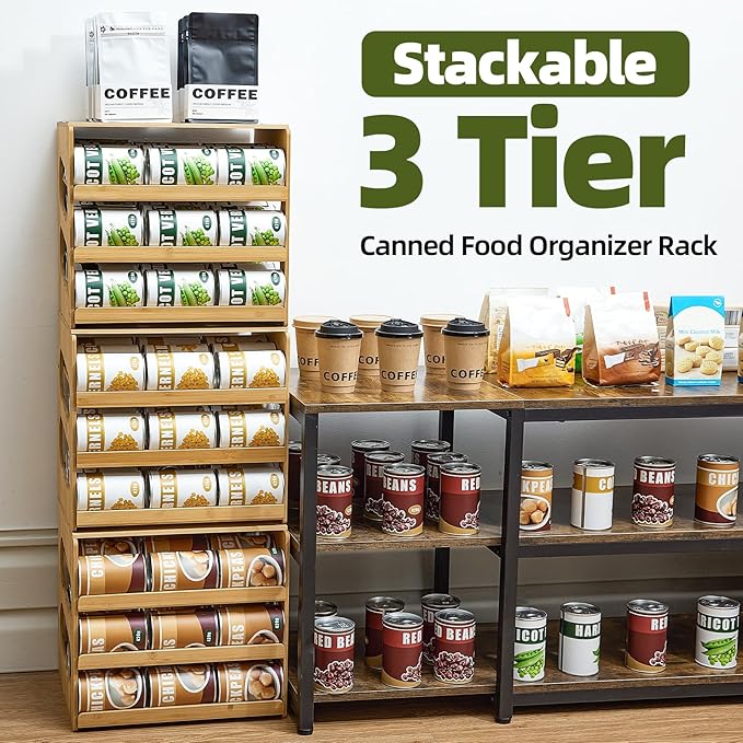 Soup Can Organizer for Pantry, 4 Tier Pantry Can Organizers and Storage, Rolling Bamboo Canned Food Storage for Countertop Kitchen Cabinet