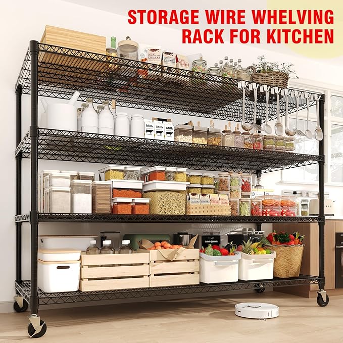 4 Tier Industrial Storage Shelving Unit 2640LBS Capacity, Heavy Duty Adjustable Metal Shelves w/Wheels & Leveling Feet, Garage, Workshop, Basement Rack Shelf, 73.8" H*23.9" D*59.8" W