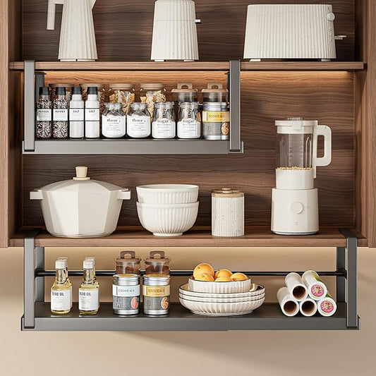 Hanging Under Shelf Storage Basket, Adjustable Width Under Cabinet Add-on Storage Racks, Heavy Duty Slide-in Baskets Organizer for Cabinet Pantry Kitchen, 1 Pack,8.46"D x 10.6"W x 7.36"H
