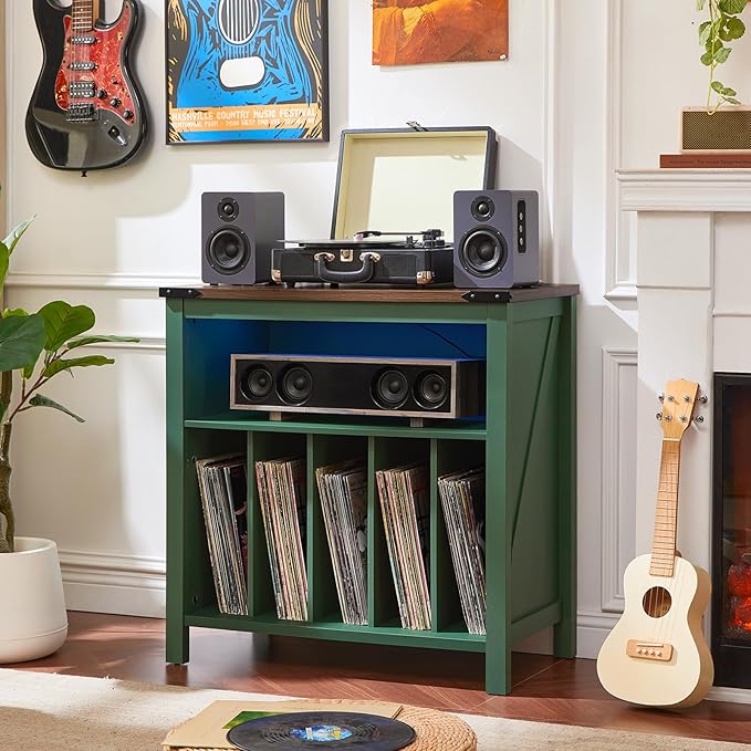Large Record Player Table with Charger Station & LED Lights, Vinyl Record Storage Player Table up to 230 Albums, Turntable Stand with Display Shelf for Music Room Bedroom Living Room (Green)