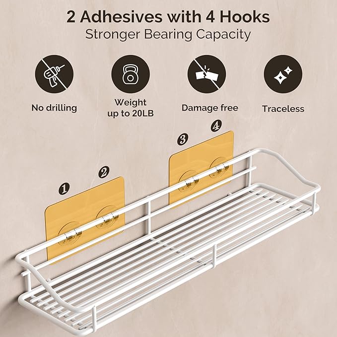 Orimade Bathroom Shelf Organizer Shower Caddy Storage Kitchen Rack with Traceless Transparent Adhesive No Drilling SUS304 Stainless Steel, 15.75inch, White