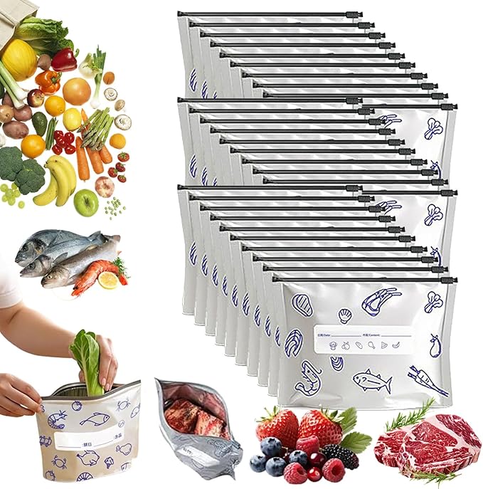 Reusable Aluminum Foil Sealable Storage Bags, 2026 New Resealable Vacuum Zipper Pouches for Food, Thicken Stand Up Foil Freezer Bags with Label & Zip Lock for Vegetable Fruit Meat (S*30)