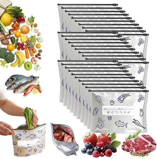 Reusable Aluminum Foil Sealable Storage Bags, 2026 New Resealable Vacuum Zipper Pouches for Food, Thicken Stand Up Foil Freezer Bags with Label & Zip Lock for Vegetable Fruit Meat (S*30)