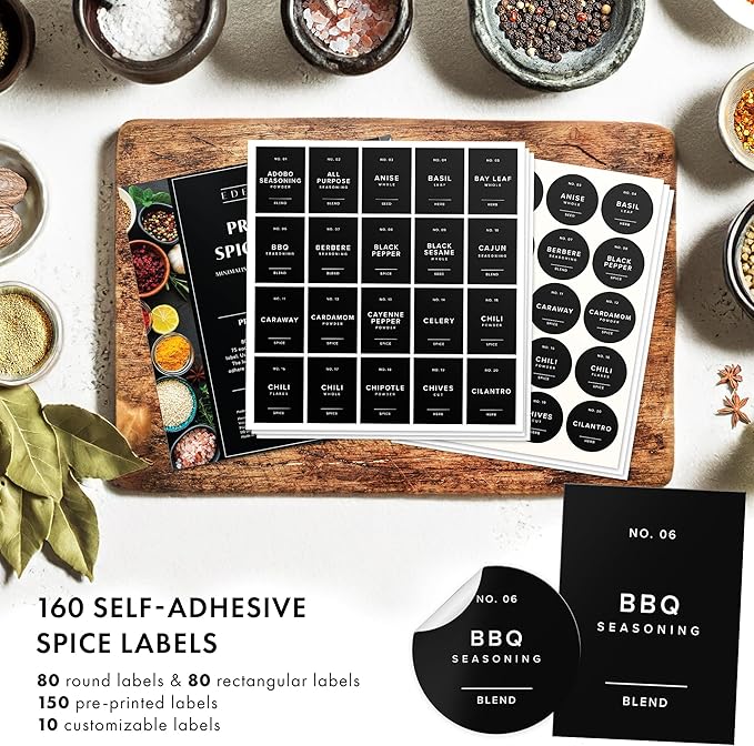 Minimalist Spice Container Labels Self-Adhesive - 160 Stickers for Spice Jars, Spice Jars & Drawers, Round & Rectangular, Waterproof Spice Organiser Labels for Kitchen Organisation