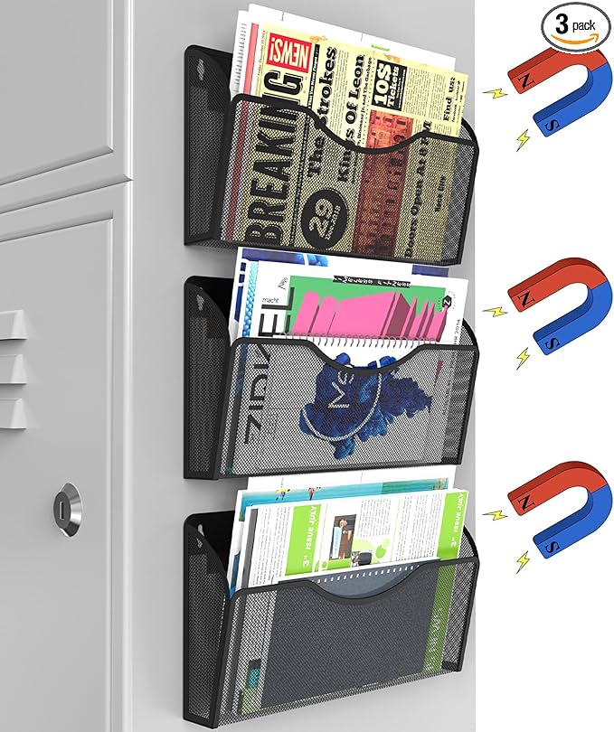Magnetic File Holder 3PCS Wall File Folder Organizer, No Drilling Hanging Magazine Rack for Refrigerator, Document Paper Mail Folder Holders Office File Magnetic Organizer (Black)