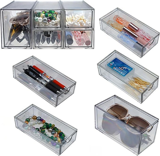 Stackable Storage Drawers Set of 5 Acrylic Storage Drawers Clear Plastic Stackable Organizer Bins for Makeup, Cosmetics,Beauty Supplies,Ideal for Vanity, Bathroom,Cabinet,Pantry Organization