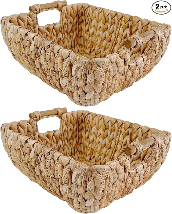 Large Rectangular Handwoven Wicker Basket - Water Hyacinth Storage Baskets with 2 Polished Wooden Handles for Store Hand Towels, Fruits & Veggies etc - 13.25"x12"x6.25" - Pack of 2 - Natural