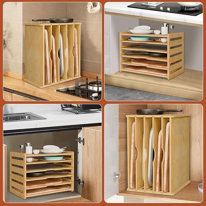 6 Tier Wooden Tray Dividers for Cabinets, Kitchen Vertical Tray Divider Organizer for Storing Baking Sheets Pans Lids Cutting Boards