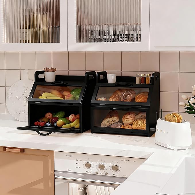 BAMBANG Extra Large Bread Box, Double Layer Bread Box for Homemade Bread, Bamboo Wooden Bread Storage Container with Tool Holder & Handles & Window, Assembly Required(14.9" x 11" x 15.3") Black